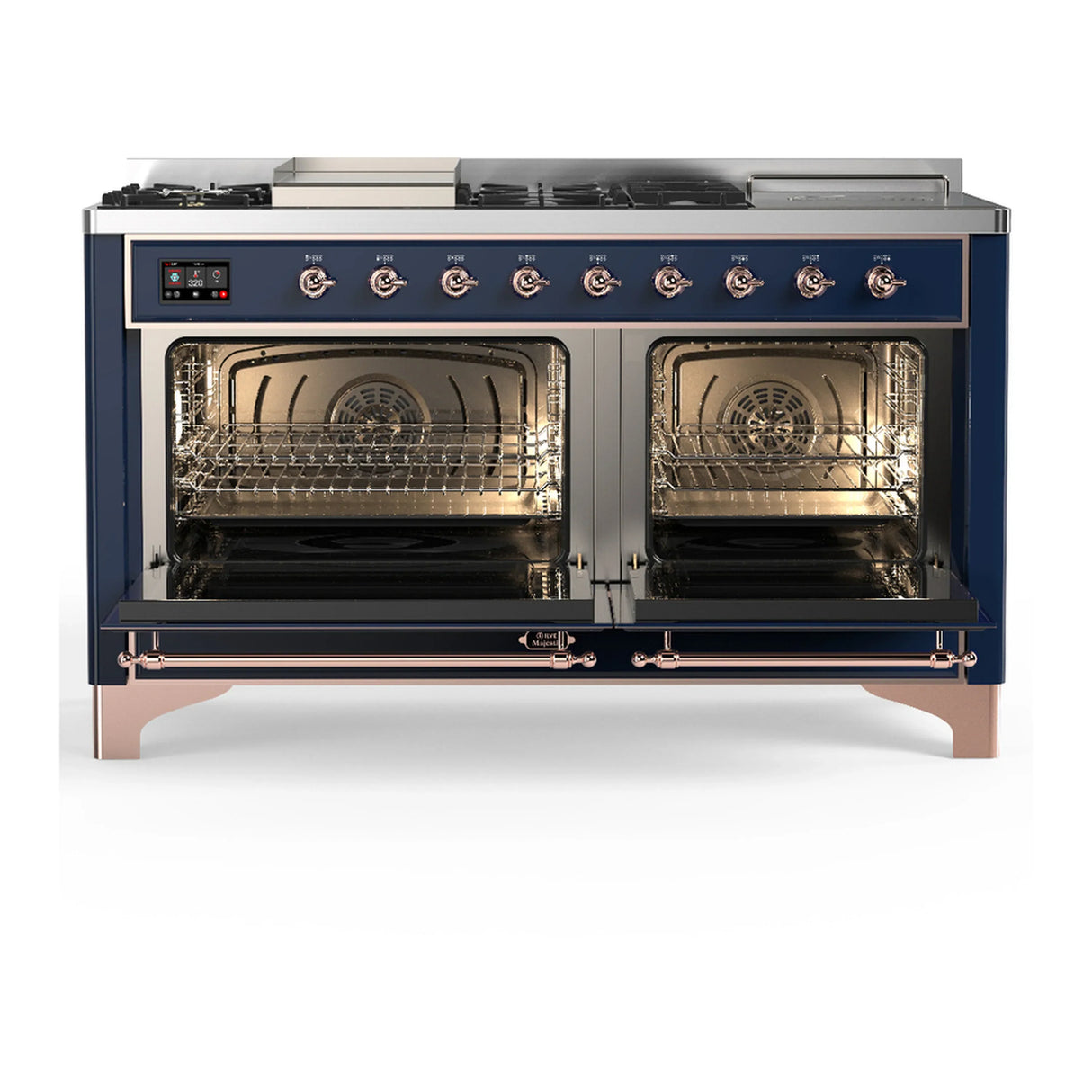 ILVE Majestic III 60-inch Dual Fuel Range with 7 Natural Gas Burner, Griddle, French Top and Solid Door Electric Oven in Midnight Blue with Copper Trim (UM60FSQNR3MBP)