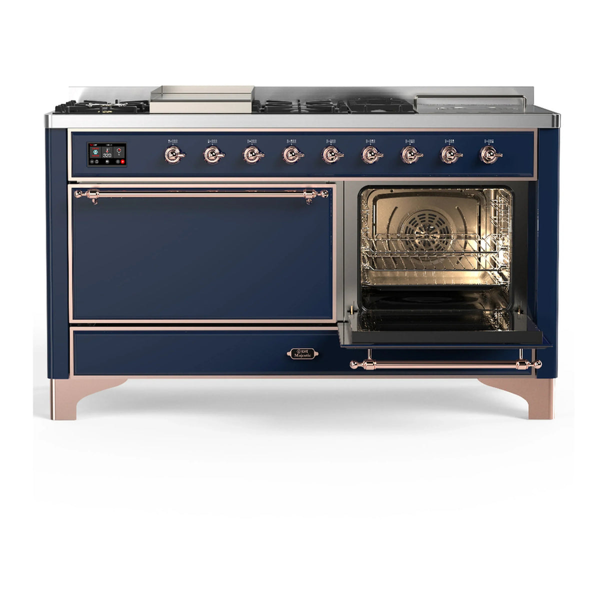ILVE Majestic III 60-inch Dual Fuel Range with 7 Natural Gas Burner, Griddle, French Top and Solid Door Electric Oven in Midnight Blue with Copper Trim (UM60FSQNR3MBP)