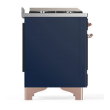 ILVE Majestic III 60-inch Dual Fuel Range with 7 Natural Gas Burner, Griddle, French Top and Solid Door Electric Oven in Midnight Blue with Copper Trim (UM60FSQNR3MBP)