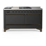 ILVE Majestic III 60-inch Dual Fuel Range with 5 Liquid Propane Burner, Griddle, French Top and Solid Door Electric Oven in Graphite Matte with Burnished Trim (UM60FSQNR3MGBLP)