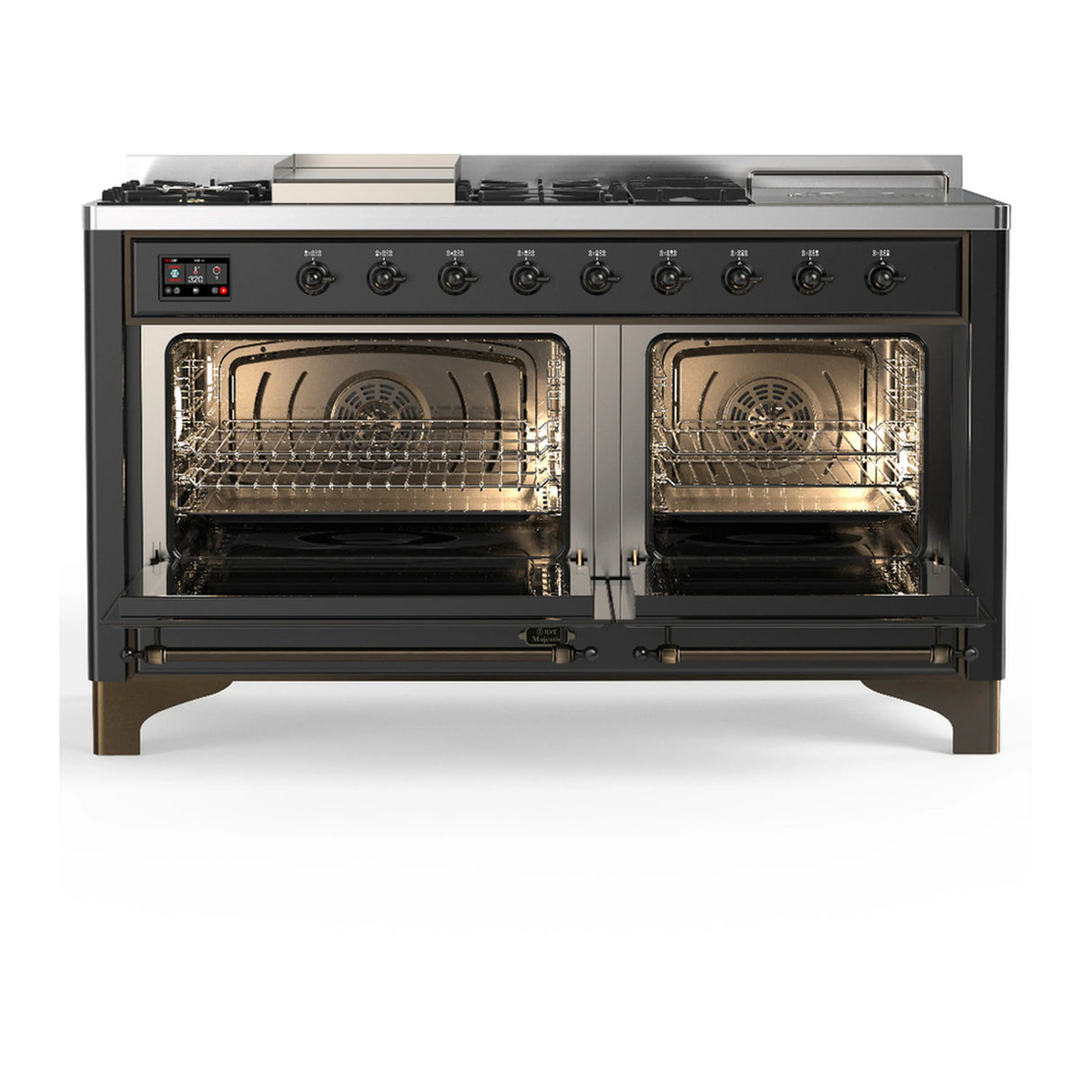 ILVE Majestic III 60-inch Dual Fuel Range with 5 Liquid Propane Burner, Griddle, French Top and Solid Door Electric Oven in Graphite Matte with Burnished Trim (UM60FSQNR3MGBLP)