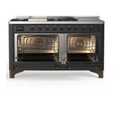 ILVE Majestic III 60-inch Dual Fuel Range with 5 Liquid Propane Burner, Griddle, French Top and Solid Door Electric Oven in Graphite Matte with Burnished Trim (UM60FSQNR3MGBLP)