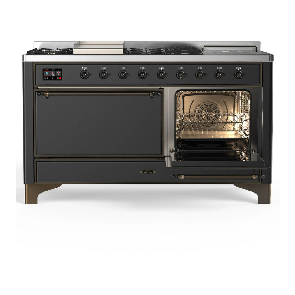 ILVE Majestic III 60-inch Dual Fuel Range with 5 Liquid Propane Burner, Griddle, French Top and Solid Door Electric Oven in Graphite Matte with Burnished Trim (UM60FSQNR3MGBLP)