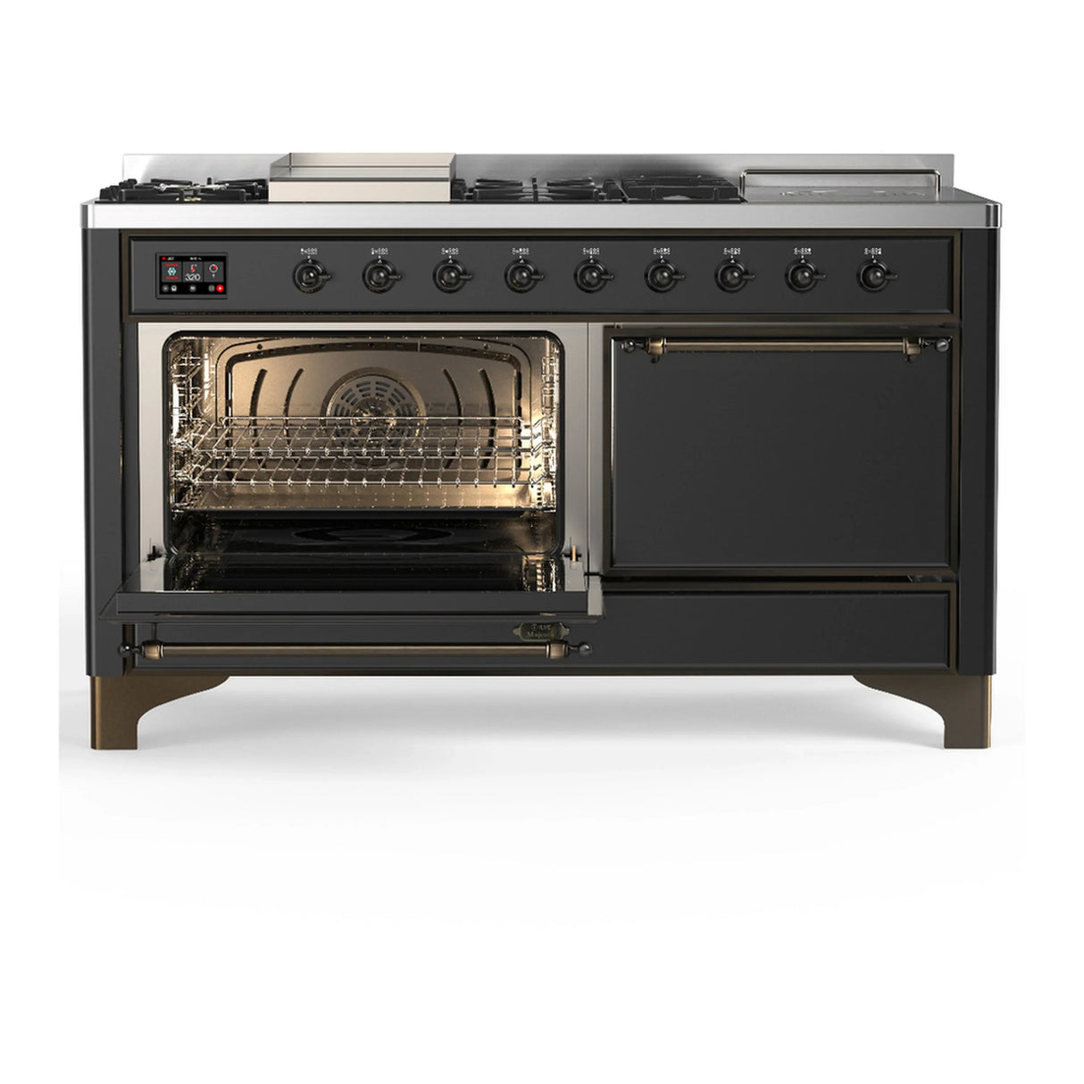 ILVE Majestic III 60-inch Dual Fuel Range with 5 Liquid Propane Burner, Griddle, French Top and Solid Door Electric Oven in Graphite Matte with Burnished Trim (UM60FSQNR3MGBLP)