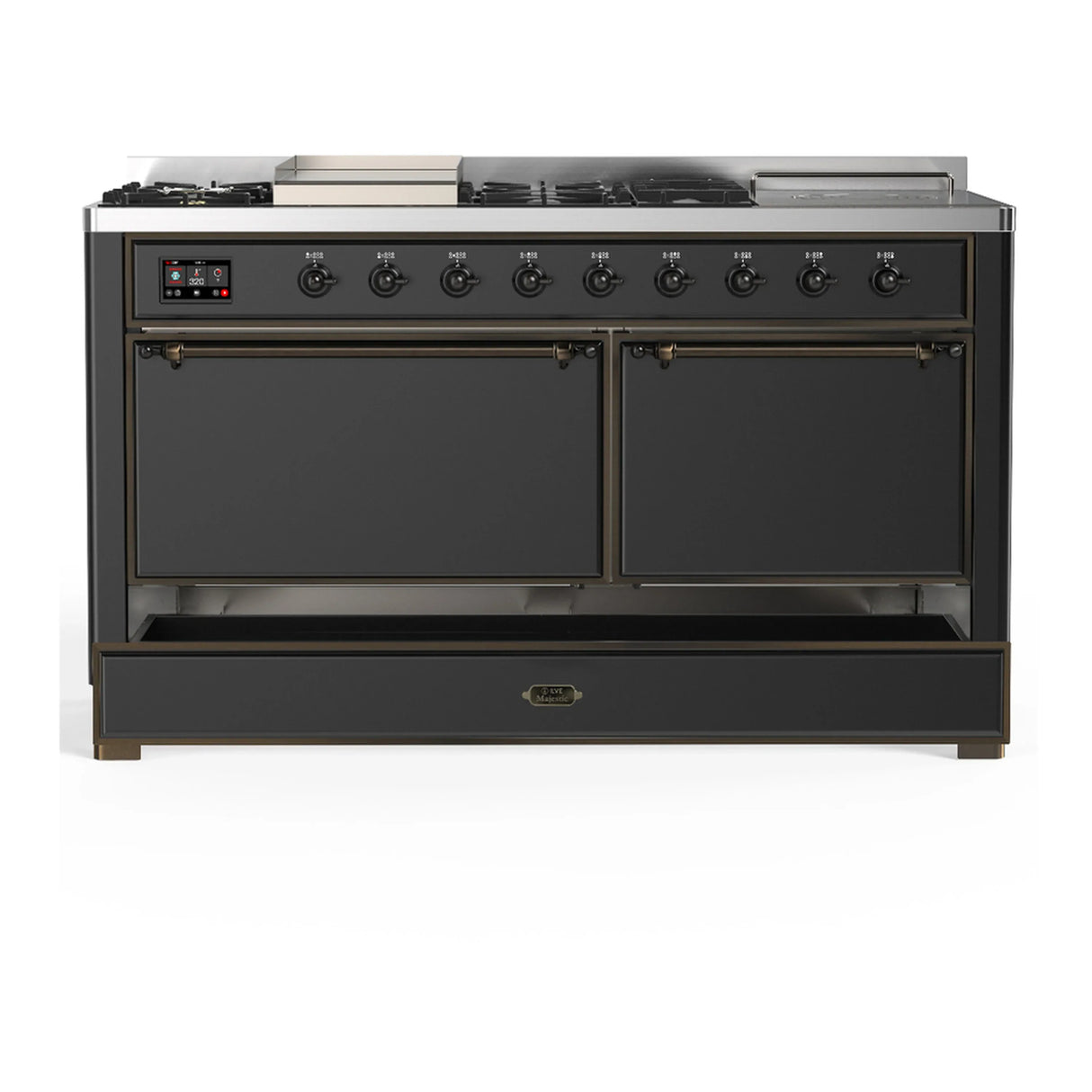 ILVE Majestic III 60-inch Dual Fuel Range with 5 Liquid Propane Burner, Griddle, French Top and Solid Door Electric Oven in Graphite Matte with Burnished Trim (UM60FSQNR3MGBLP)