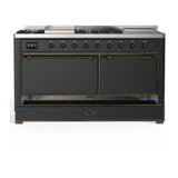 ILVE Majestic III 60-inch Dual Fuel Range with 5 Liquid Propane Burner, Griddle, French Top and Solid Door Electric Oven in Graphite Matte with Burnished Trim (UM60FSQNR3MGBLP)