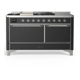 ILVE Majestic III 60-inch Dual Fuel Range with 7 Natural Gas Burner, Griddle, French Top and Solid Door Electric Oven in Graphite Matte with Chrome Trim (UM60FSQNR3MGC)