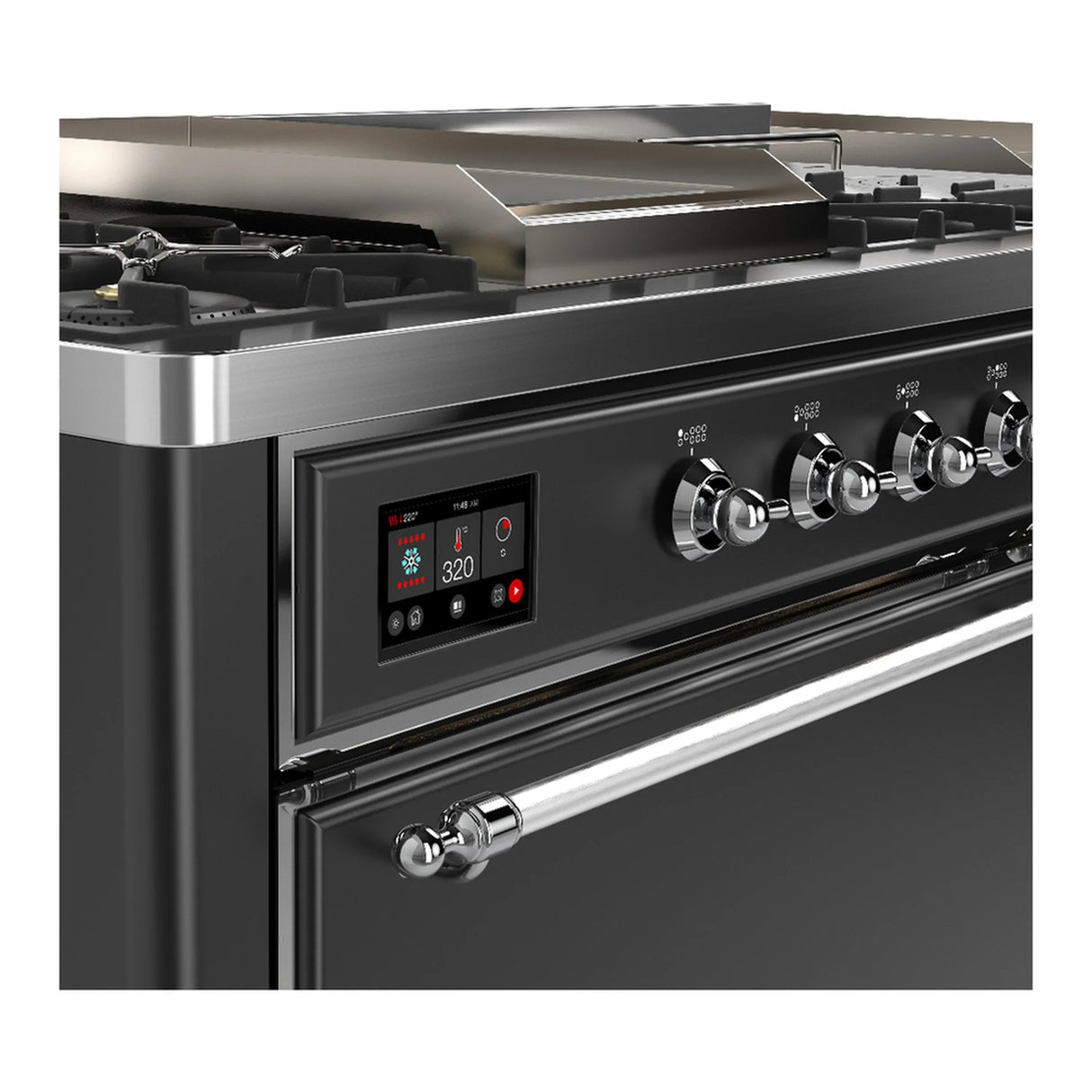 ILVE Majestic III 60-inch Dual Fuel Range with 7 Natural Gas Burner, Griddle, French Top and Solid Door Electric Oven in Graphite Matte with Chrome Trim (UM60FSQNR3MGC)