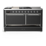 ILVE Majestic III 60-inch Dual Fuel Range with 7 Natural Gas Burner, Griddle, French Top and Solid Door Electric Oven in Graphite Matte with Chrome Trim (UM60FSQNR3MGC)