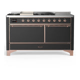 ILVE Majestic III 60-inch Dual Fuel Range with 5 Liquid Propane Burner, Griddle, French Top and Solid Door Electric Oven in Graphite Matte with Copper Trim (UM60FSQNR3MGPLP)