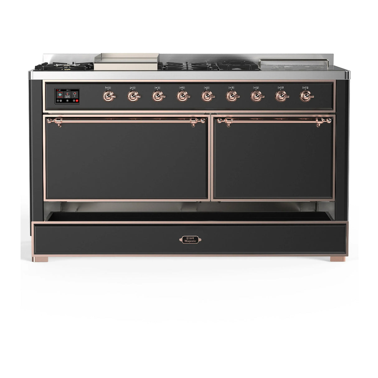 ILVE Majestic III 60-inch Dual Fuel Range with 5 Liquid Propane Burner, Griddle, French Top and Solid Door Electric Oven in Graphite Matte with Copper Trim (UM60FSQNR3MGPLP)