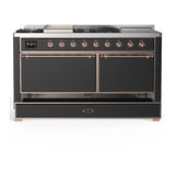 ILVE Majestic III 60-inch Dual Fuel Range with 5 Liquid Propane Burner, Griddle, French Top and Solid Door Electric Oven in Graphite Matte with Copper Trim (UM60FSQNR3MGPLP)