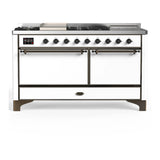 ILVE Majestic III 60-inch Dual Fuel Range with 7 Natural Gas Burner, Griddle, French Top and Solid Door Electric Oven in White with Burnished Trim (UM60FSQNR3WHB)
