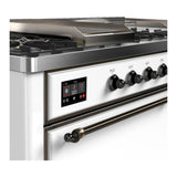 ILVE Majestic III 60-inch Dual Fuel Range with 7 Natural Gas Burner, Griddle, French Top and Solid Door Electric Oven in White with Burnished Trim (UM60FSQNR3WHB)