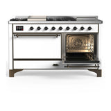 ILVE Majestic III 60-inch Dual Fuel Range with 7 Natural Gas Burner, Griddle, French Top and Solid Door Electric Oven in White with Burnished Trim (UM60FSQNR3WHB)