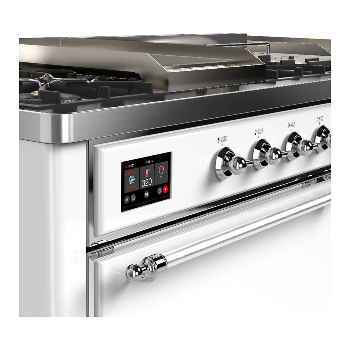 ILVE Majestic III 60-inch Dual Fuel Range with 7 Natural Gas Burner, Griddle, French Top and Solid Door Electric Oven in White with Chrome Trim (UM60FSQNR3WHC)