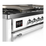 ILVE Majestic III 60-inch Dual Fuel Range with 7 Natural Gas Burner, Griddle, French Top and Solid Door Electric Oven in White with Chrome Trim (UM60FSQNR3WHC)