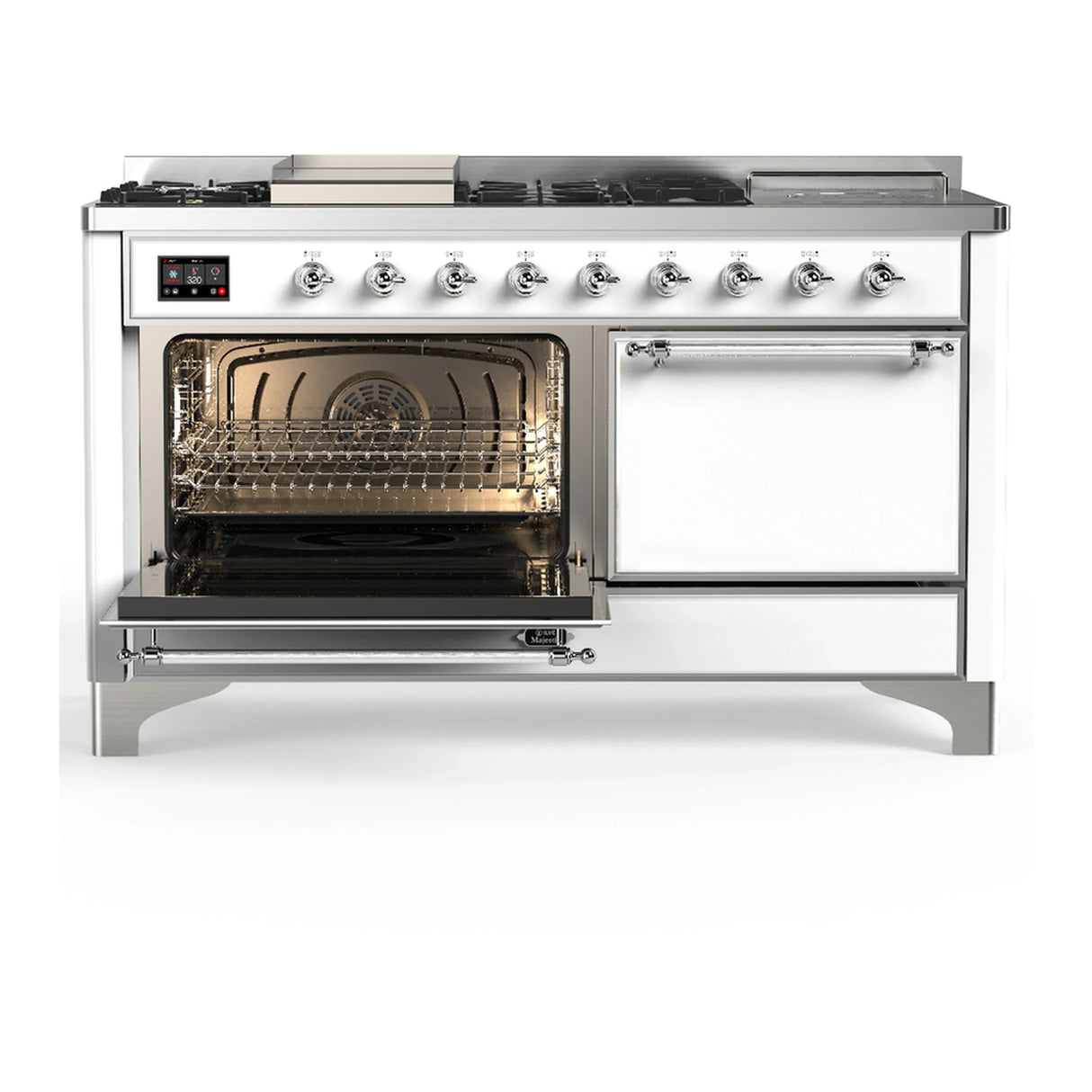 ILVE Majestic III 60-inch Dual Fuel Range with 7 Natural Gas Burner, Griddle, French Top and Solid Door Electric Oven in White with Chrome Trim (UM60FSQNR3WHC)