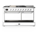 ILVE Majestic III 60-inch Dual Fuel Range with 7 Natural Gas Burner, Griddle, French Top and Solid Door Electric Oven in White with Chrome Trim (UM60FSQNR3WHC)
