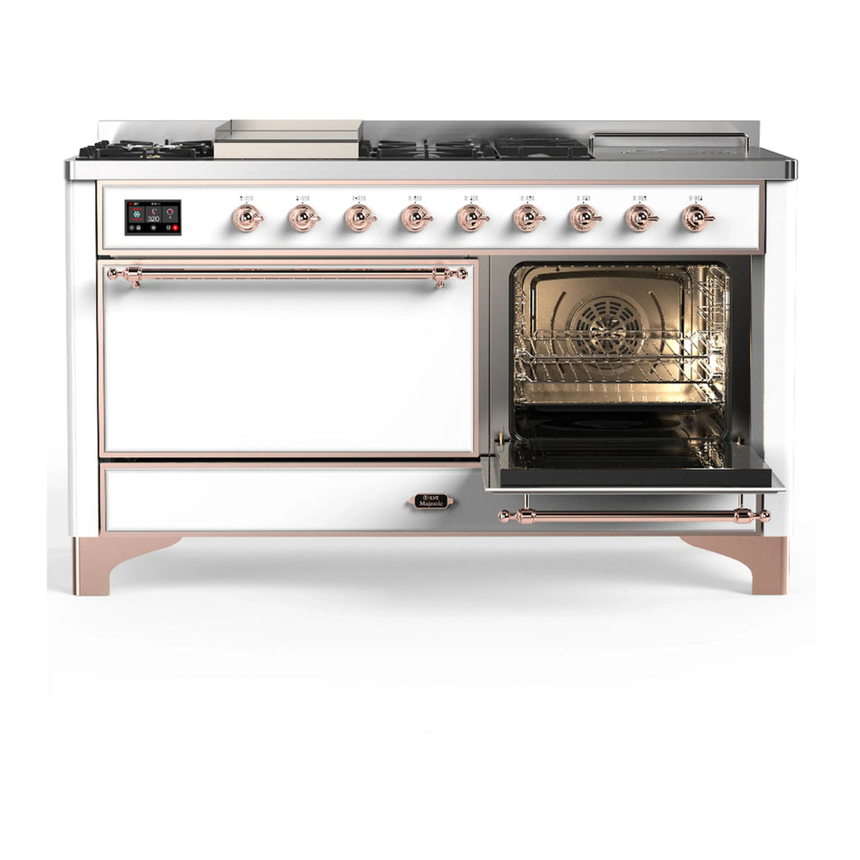 ILVE Majestic III 60-inch Dual Fuel Range with 5 Liquid Propane Burner, Griddle, French Top and Solid Door Electric Oven in White with Copper Trim (UM60FSQNR3WHPLP)
