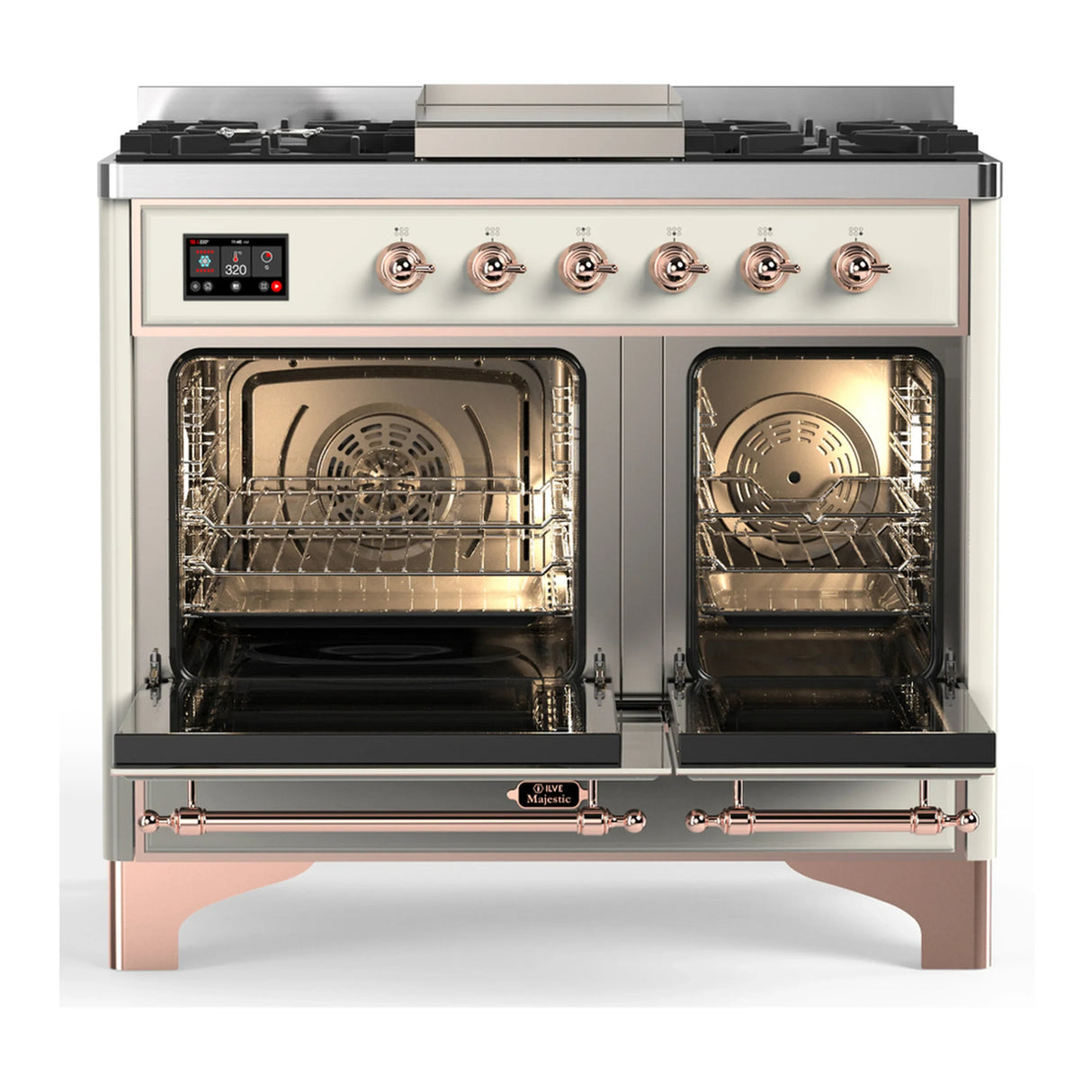 ILVE Majestic III 40-inch Dual Fuel Range with 6 Natural Gas Burner, Griddle and Triple Glass Door Electric Oven in Antique White with Copper Trim (UMD40FNR3AWP)