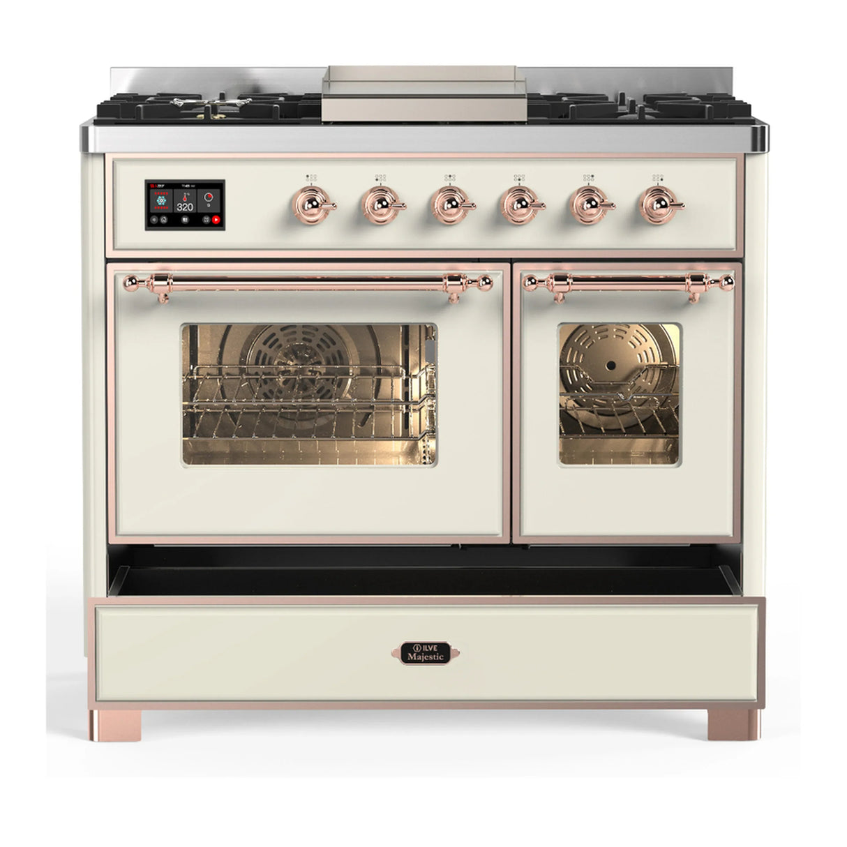 ILVE Majestic III 40-inch Dual Fuel Range with 6 Natural Gas Burner, Griddle and Triple Glass Door Electric Oven in Antique White with Copper Trim (UMD40FNR3AWP)