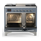 ILVE Majestic III 40-inch Dual Fuel Range with 6 Natural Gas Burner, Griddle and Triple Glass Door Electric Oven in Blue Grey with Chrome Trim (UMD40FNR3BGC)