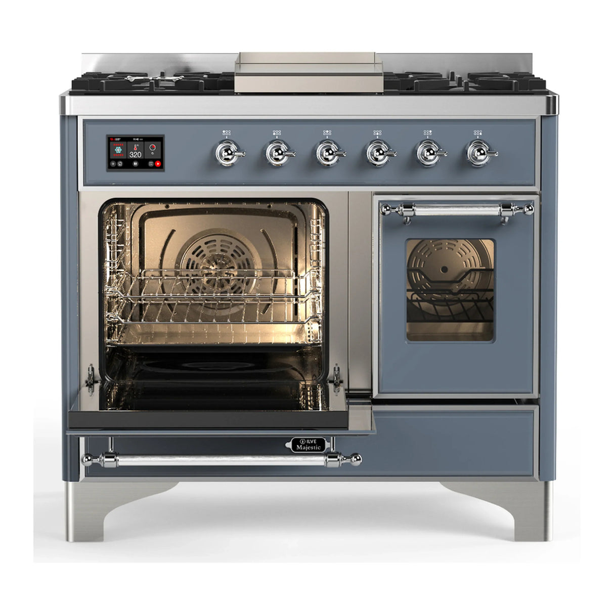 ILVE Majestic III 40-inch Dual Fuel Range with 6 Natural Gas Burner, Griddle and Triple Glass Door Electric Oven in Blue Grey with Chrome Trim (UMD40FNR3BGC)