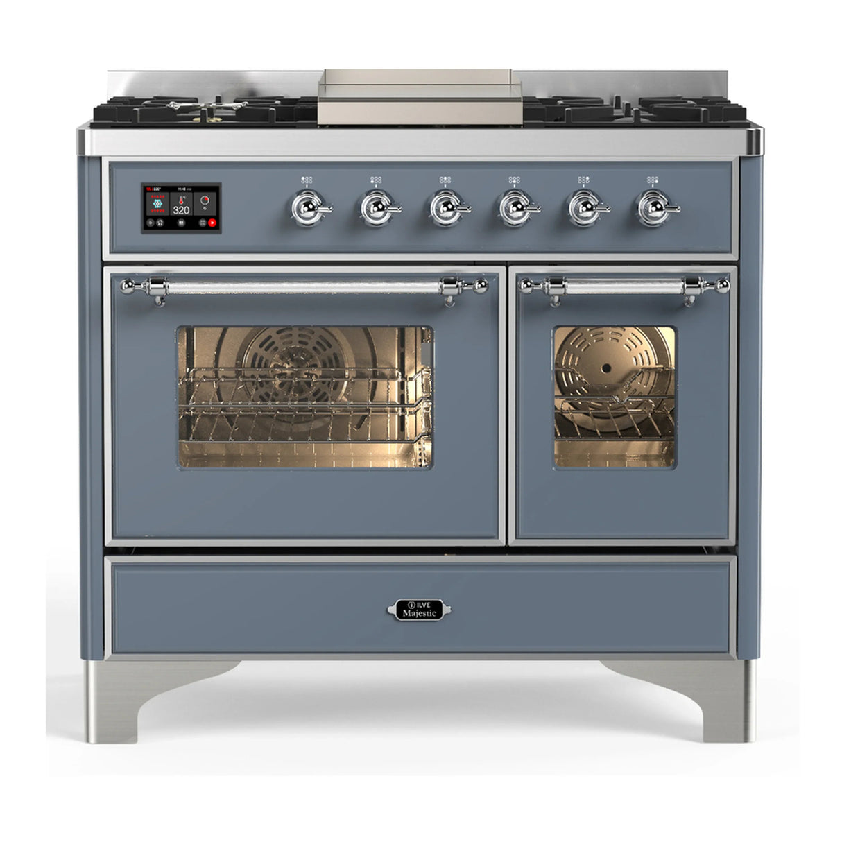ILVE Majestic III 40-inch Dual Fuel Range with 6 Natural Gas Burner, Griddle and Triple Glass Door Electric Oven in Blue Grey with Chrome Trim (UMD40FNR3BGC)
