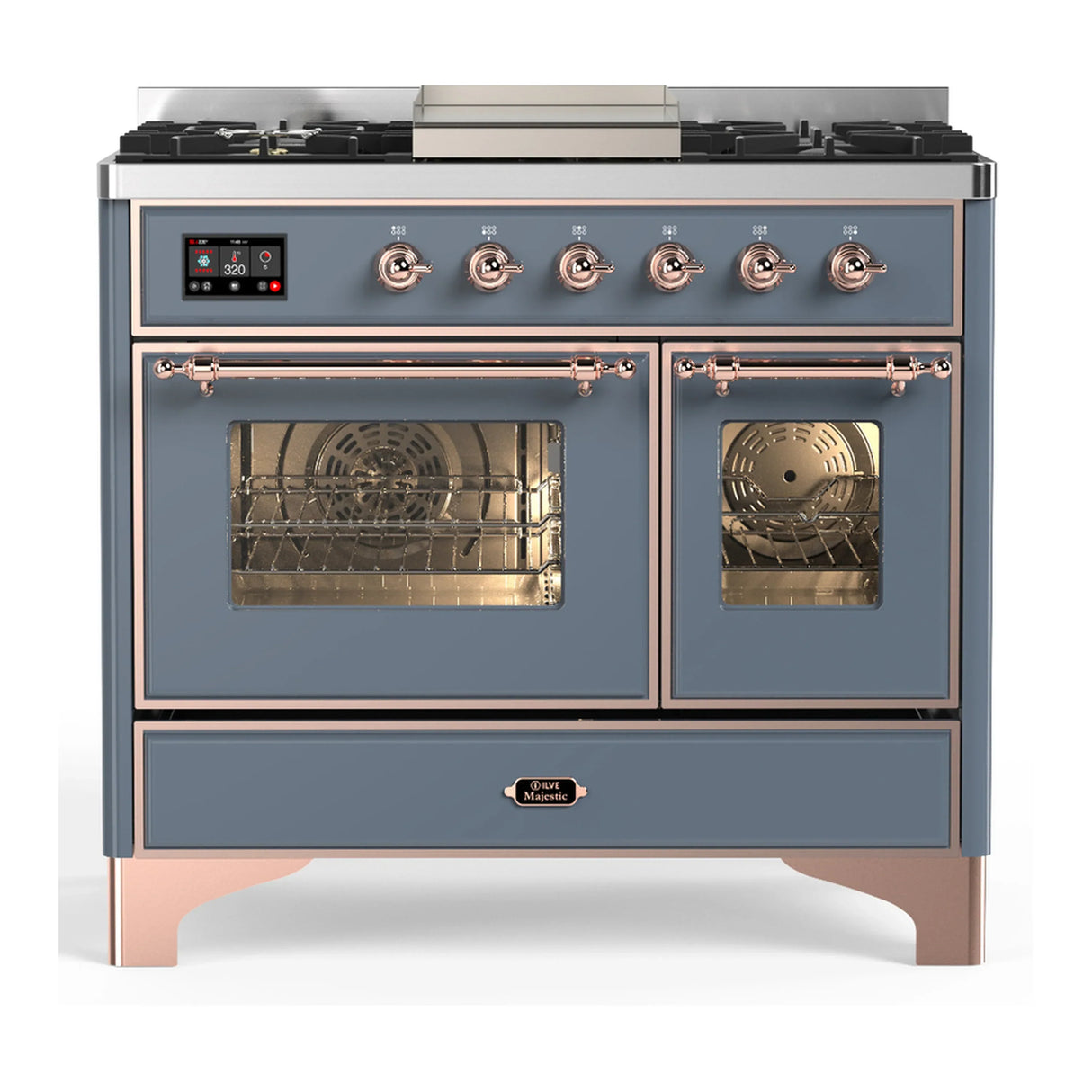 ILVE Majestic III 40-inch Dual Fuel Range with 5 Liquid Propane Burner, Griddle and Triple Glass Door Electric Oven in Blue Grey with Copper Trim (UMD40FNR3BGPLP)