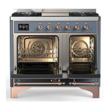 ILVE Majestic III 40-inch Dual Fuel Range with 5 Liquid Propane Burner, Griddle and Triple Glass Door Electric Oven in Blue Grey with Copper Trim (UMD40FNR3BGPLP)
