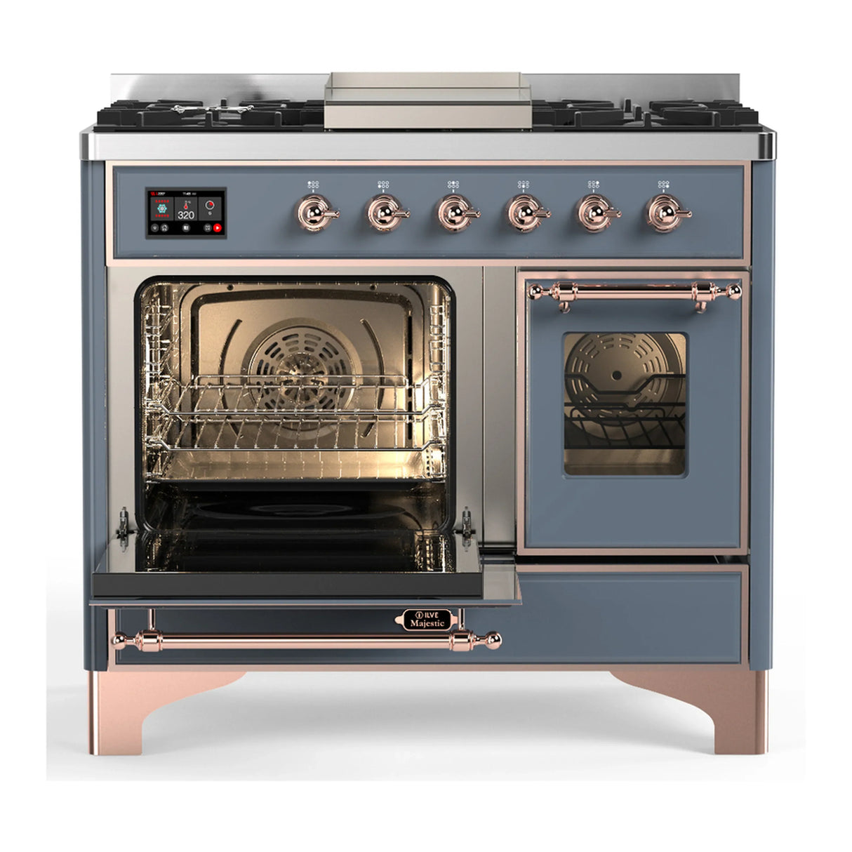 ILVE Majestic III 40-inch Dual Fuel Range with 5 Liquid Propane Burner, Griddle and Triple Glass Door Electric Oven in Blue Grey with Copper Trim (UMD40FNR3BGPLP)