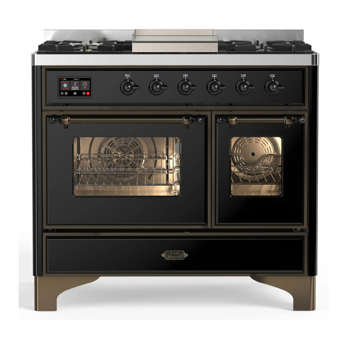 ILVE Majestic III 40-inch Dual Fuel Range with 5 Liquid Propane Burner, Griddle and Triple Glass Door Electric Oven in Glossy Black with Burnished Trim (UMD40FNR3BKBLP)
