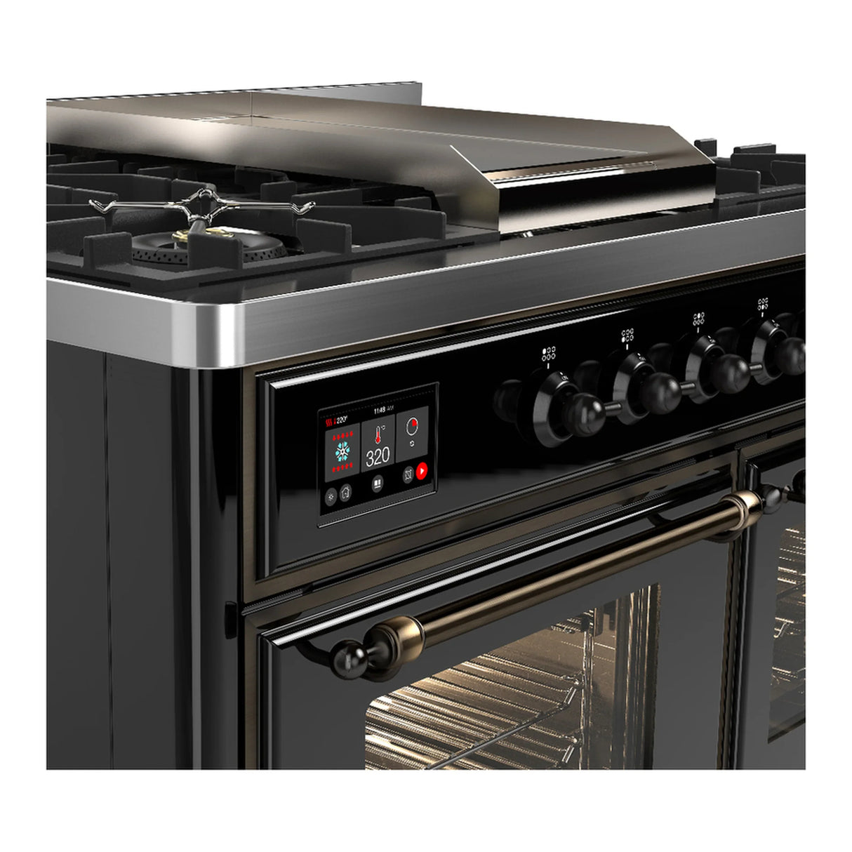 ILVE Majestic III 40-inch Dual Fuel Range with 5 Liquid Propane Burner, Griddle and Triple Glass Door Electric Oven in Glossy Black with Burnished Trim (UMD40FNR3BKBLP)