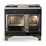 ILVE Majestic III 40-inch Dual Fuel Range with 5 Liquid Propane Burner, Griddle and Triple Glass Door Electric Oven in Glossy Black with Burnished Trim (UMD40FNR3BKBLP)