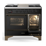 ILVE Majestic III 40-inch Dual Fuel Range with 5 Liquid Propane Burner, Griddle and Triple Glass Door Electric Oven in Glossy Black with Burnished Trim (UMD40FNR3BKBLP)