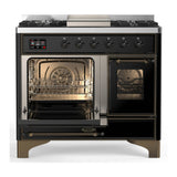 ILVE Majestic III 40-inch Dual Fuel Range with 5 Liquid Propane Burner, Griddle and Triple Glass Door Electric Oven in Glossy Black with Burnished Trim (UMD40FNR3BKBLP)