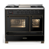 ILVE Majestic III 40-inch Dual Fuel Range with 5 Liquid Propane Burner, Griddle and Triple Glass Door Electric Oven in Glossy Black with Burnished Trim (UMD40FNR3BKBLP)