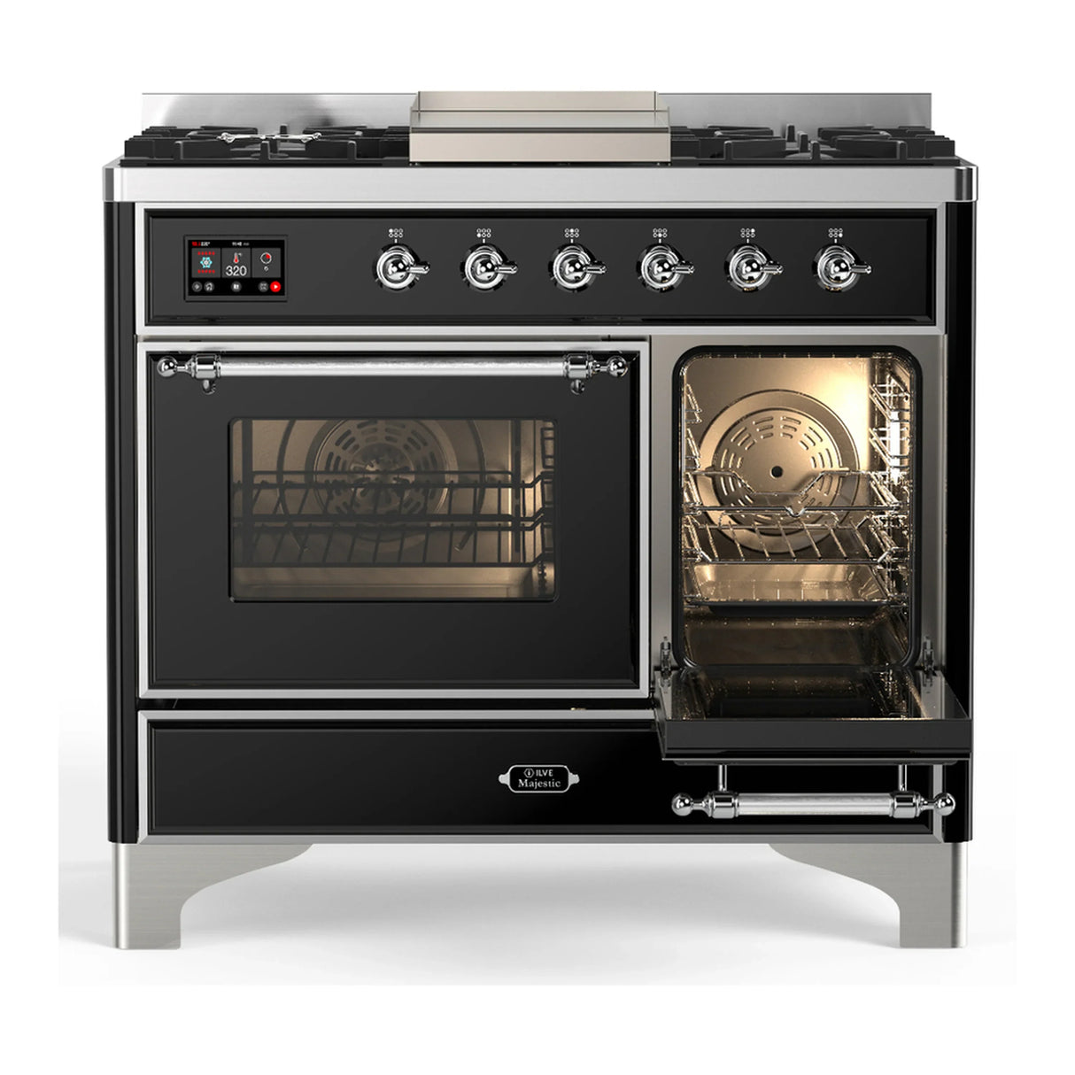 ILVE Majestic III 40-inch Dual Fuel Range with 6 Natural Gas Burner, Griddle and Triple Glass Door Electric Oven in Glossy Black with Chrome Trim (UMD40FNR3BKC)
