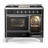 ILVE Majestic III 40-inch Dual Fuel Range with 6 Natural Gas Burner, Griddle and Triple Glass Door Electric Oven in Glossy Black with Chrome Trim (UMD40FNR3BKC)