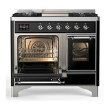ILVE Majestic III 40-inch Dual Fuel Range with 6 Natural Gas Burner, Griddle and Triple Glass Door Electric Oven in Glossy Black with Chrome Trim (UMD40FNR3BKC)