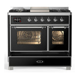 ILVE Majestic III 40-inch Dual Fuel Range with 6 Natural Gas Burner, Griddle and Triple Glass Door Electric Oven in Glossy Black with Chrome Trim (UMD40FNR3BKC)