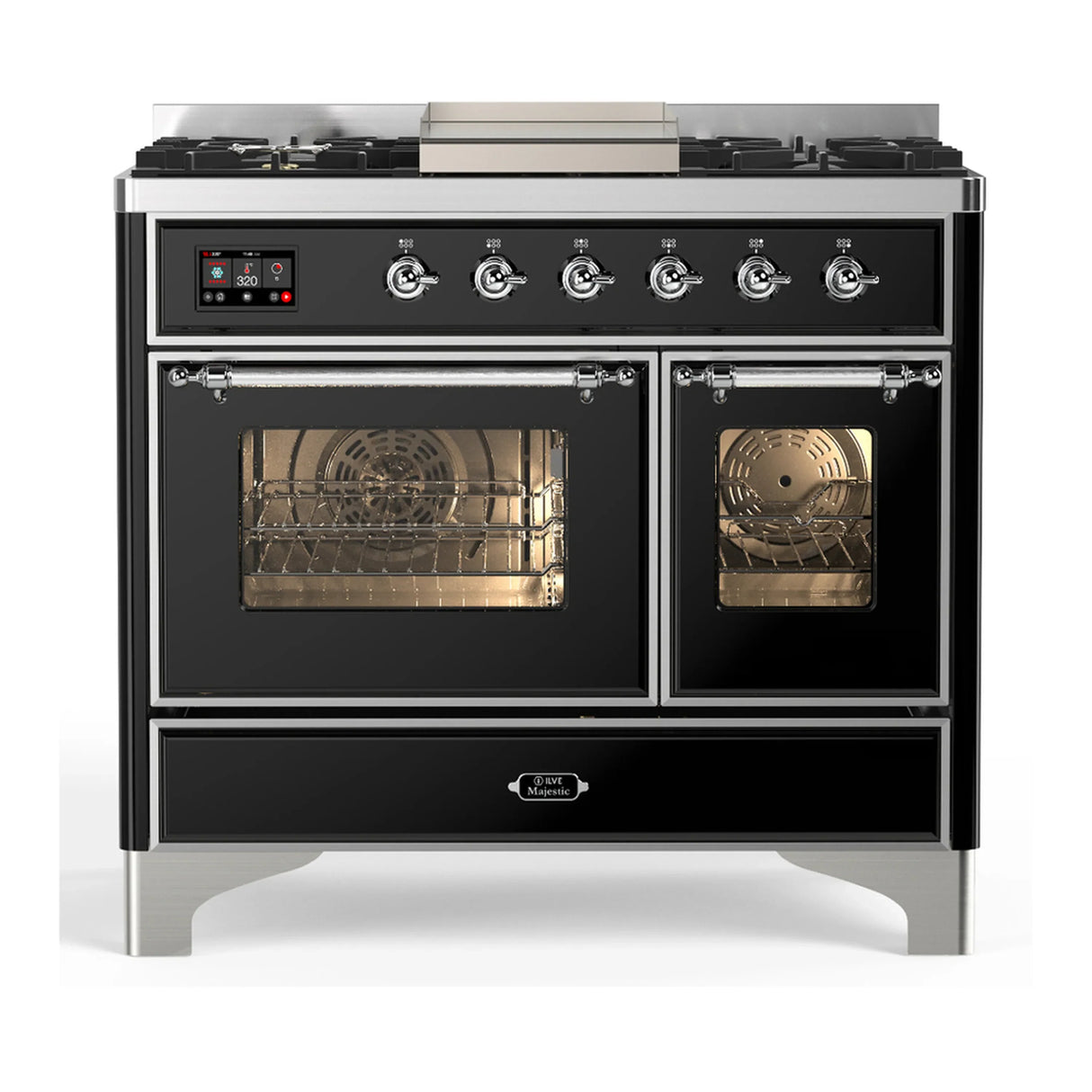 ILVE Majestic III 40-inch Dual Fuel Range with 6 Natural Gas Burner, Griddle and Triple Glass Door Electric Oven in Glossy Black with Chrome Trim (UMD40FNR3BKC)