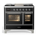 ILVE Majestic III 40-inch Dual Fuel Range with 6 Natural Gas Burner, Griddle and Triple Glass Door Electric Oven in Glossy Black with Chrome Trim (UMD40FNR3BKC)