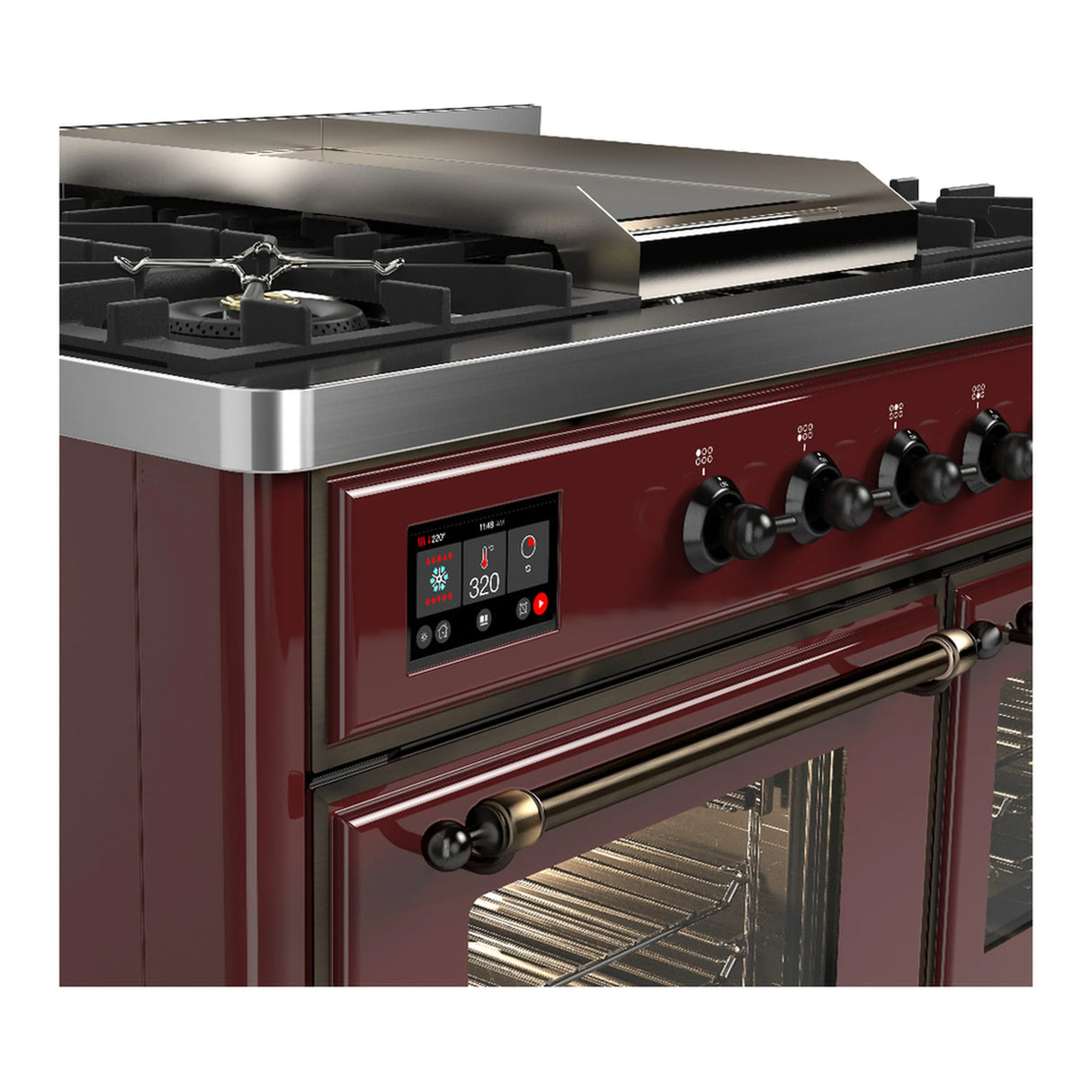 ILVE Majestic III 40-inch Dual Fuel Range with 6 Natural Gas Burner, Griddle and Triple Glass Door Electric Oven in Burgundy with Burnished Trim (UMD40FNR3BUB)