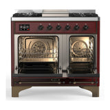 ILVE Majestic III 40-inch Dual Fuel Range with 6 Natural Gas Burner, Griddle and Triple Glass Door Electric Oven in Burgundy with Burnished Trim (UMD40FNR3BUB)