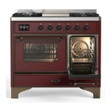 ILVE Majestic III 40-inch Dual Fuel Range with 6 Natural Gas Burner, Griddle and Triple Glass Door Electric Oven in Burgundy with Burnished Trim (UMD40FNR3BUB)