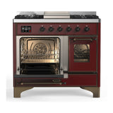 ILVE Majestic III 40-inch Dual Fuel Range with 6 Natural Gas Burner, Griddle and Triple Glass Door Electric Oven in Burgundy with Burnished Trim (UMD40FNR3BUB)