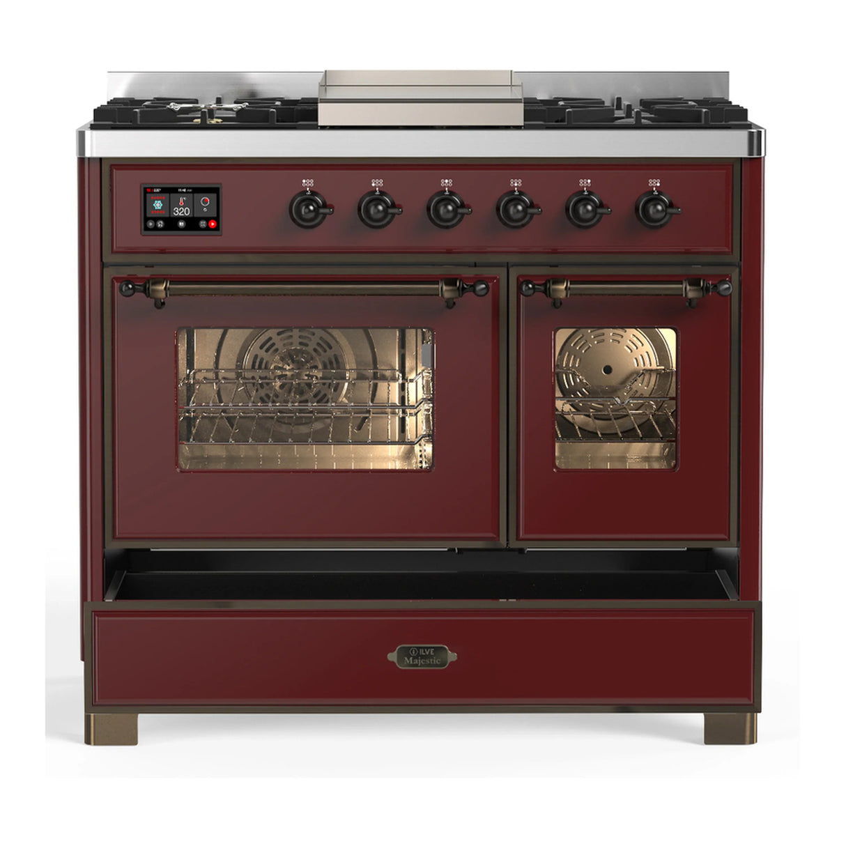 ILVE Majestic III 40-inch Dual Fuel Range with 6 Natural Gas Burner, Griddle and Triple Glass Door Electric Oven in Burgundy with Burnished Trim (UMD40FNR3BUB)