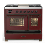 ILVE Majestic III 40-inch Dual Fuel Range with 6 Natural Gas Burner, Griddle and Triple Glass Door Electric Oven in Burgundy with Burnished Trim (UMD40FNR3BUB)